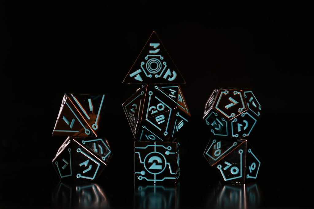 a set of black cyberpunk inspired metal dnd dice with blue numbering and detail