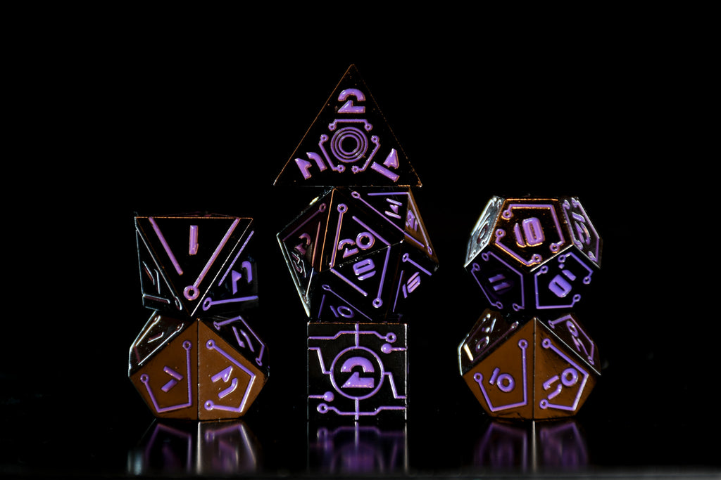 a set of black cyberpunk inspired metal dnd dice with purple numbering and detail 