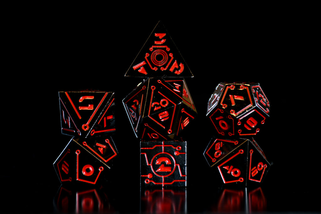 a set of black cyberpunk inspired metal dnd dice with red numbering and detail
