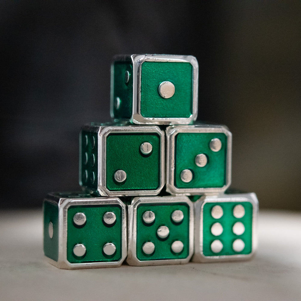 D6 6件套金属骰子 - 绿色和银色