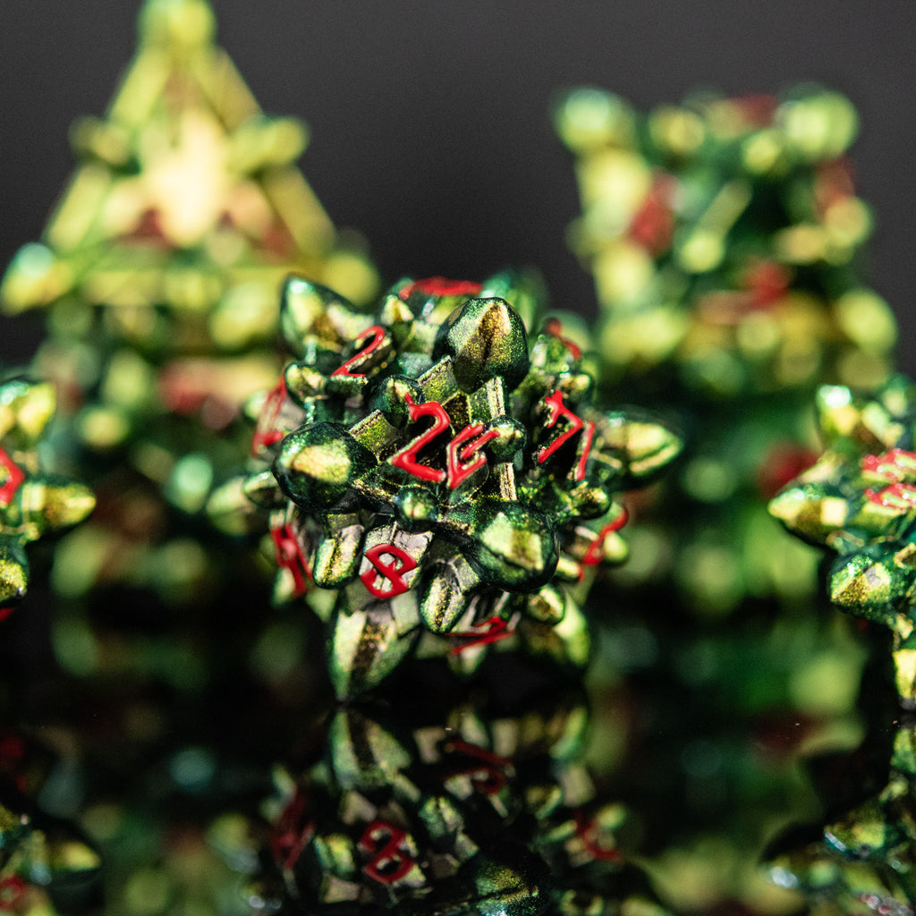 Spiky green dice with red numbers in a Nordic font