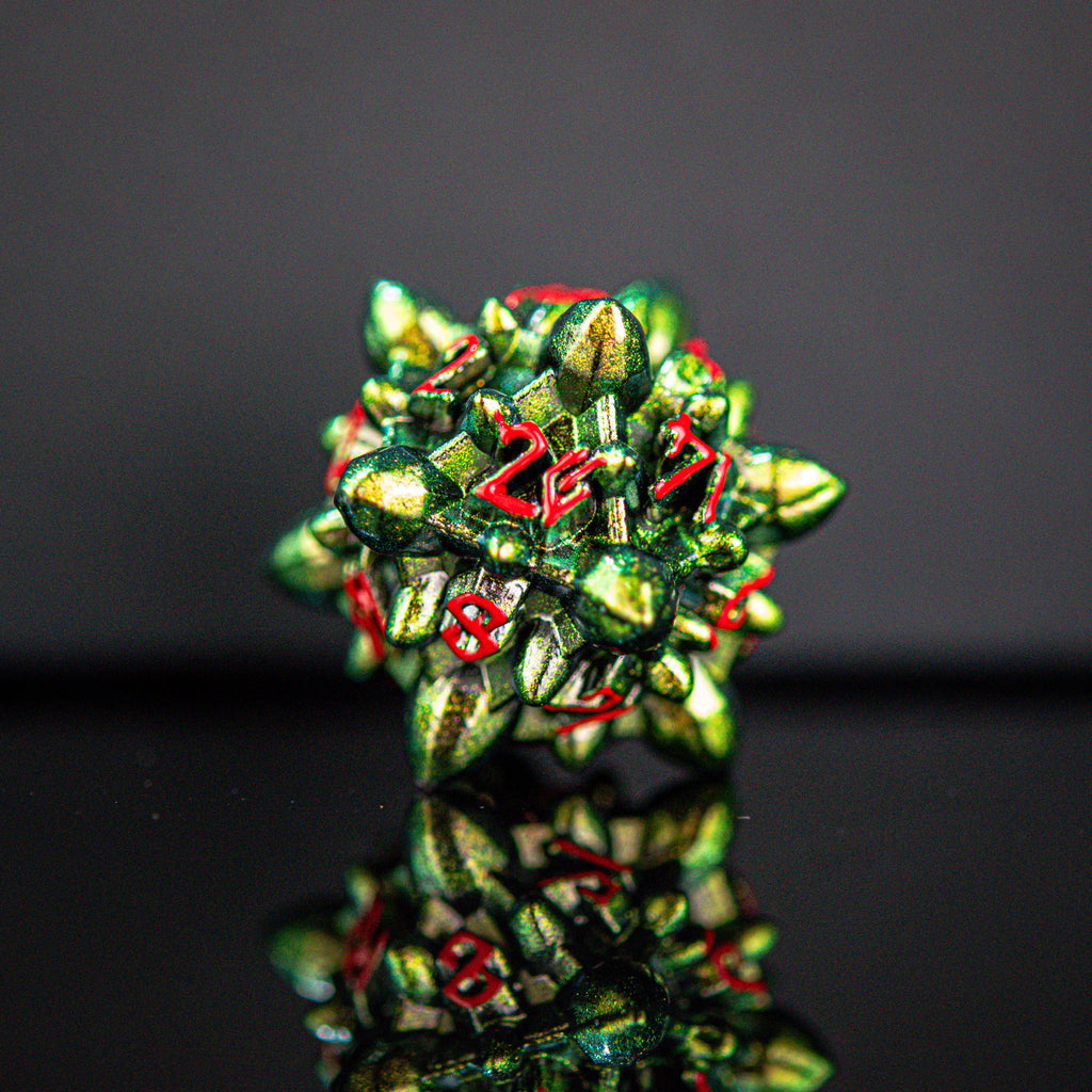 Spiky green D20 with red numbers in a Nordic font