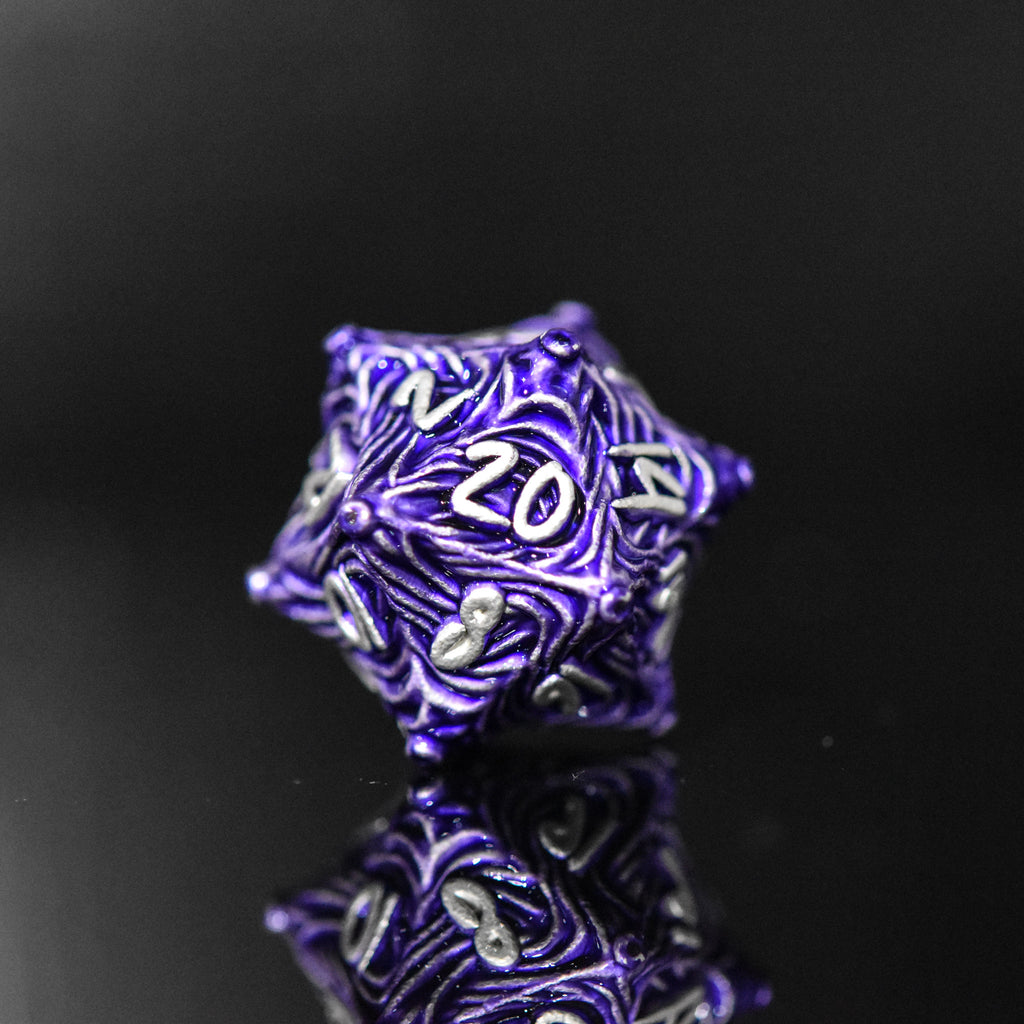 Purple metal vortex D20 featuring silver font numbers