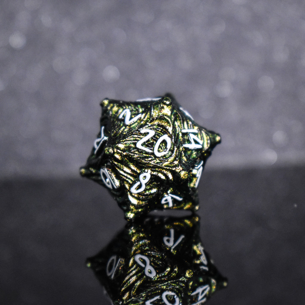 Green pearlescent metal D20 with white font numbers