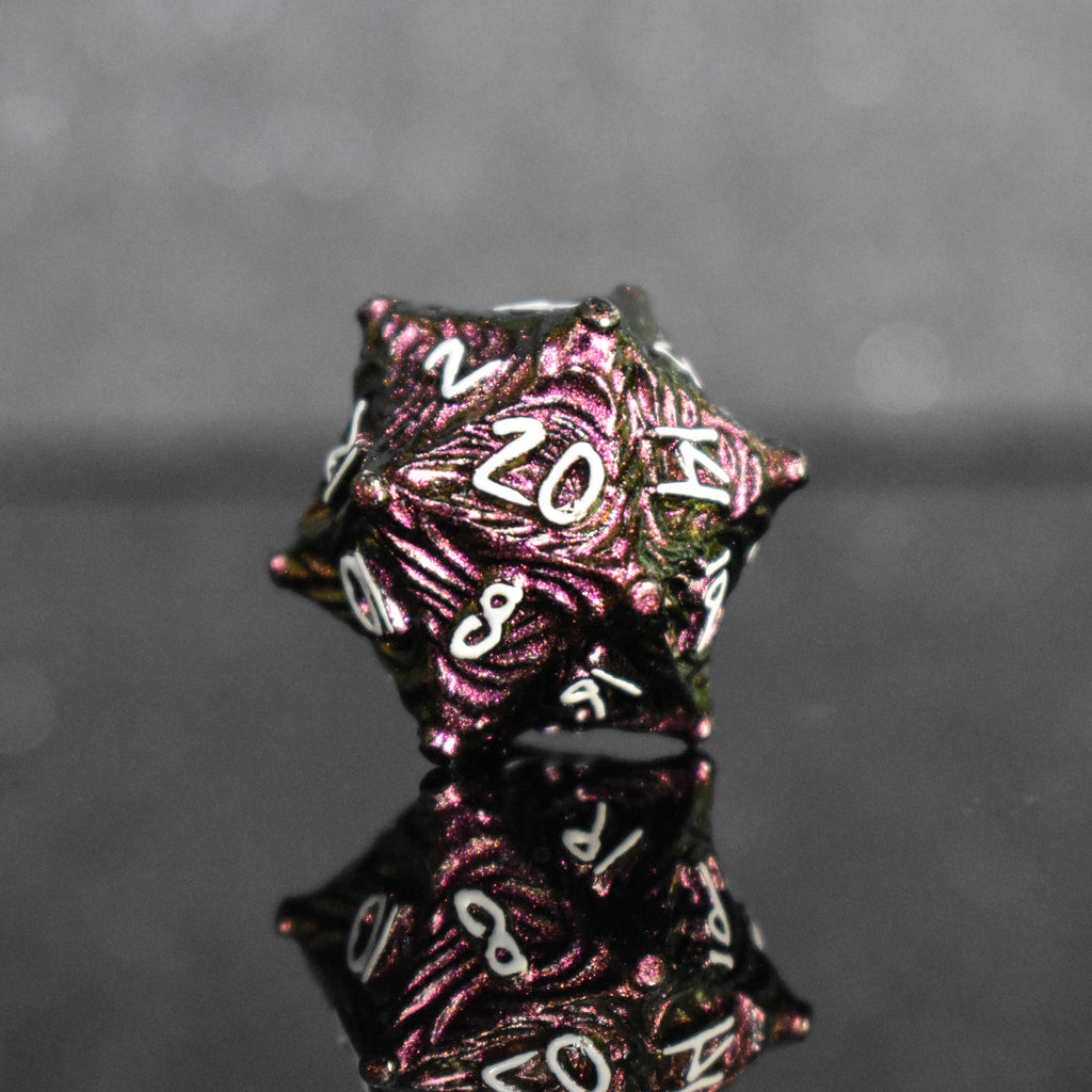 Pearlescent magenta metal vortex D20 with white font numbers