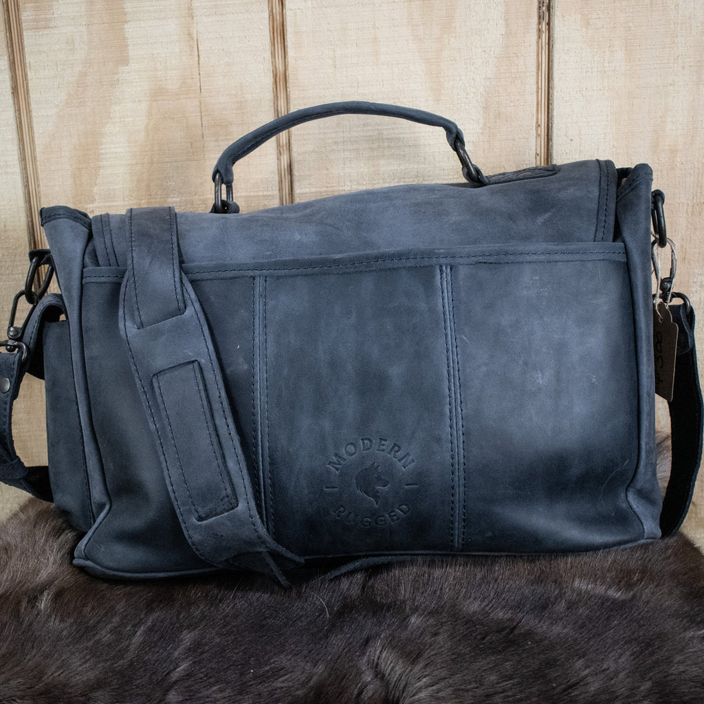 Soft navy leather hide laptop bag 