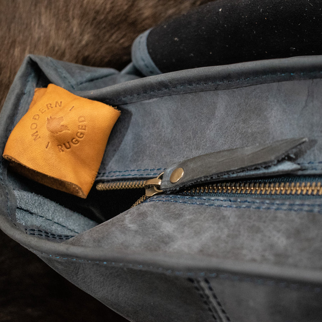 Soft navy leather hide laptop bag 