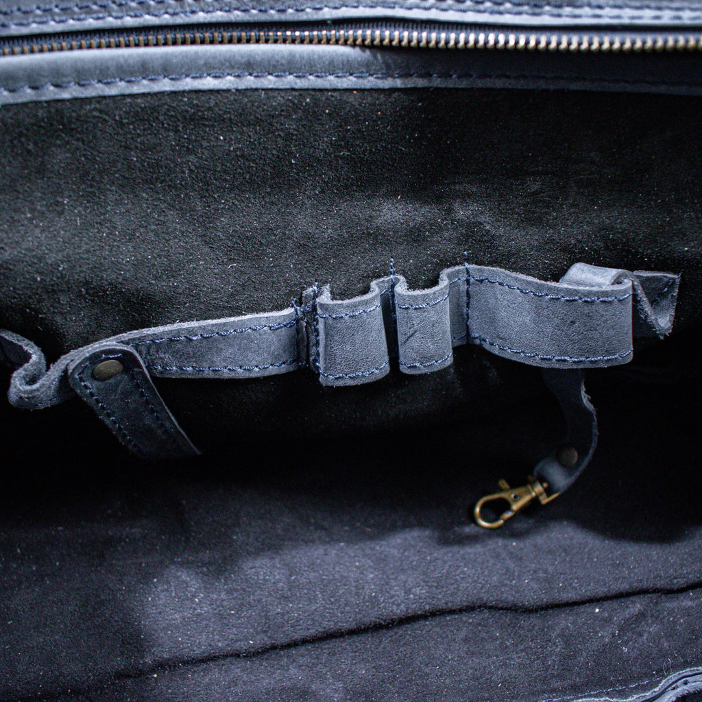 Inside of soft navy leather hide laptop bag 