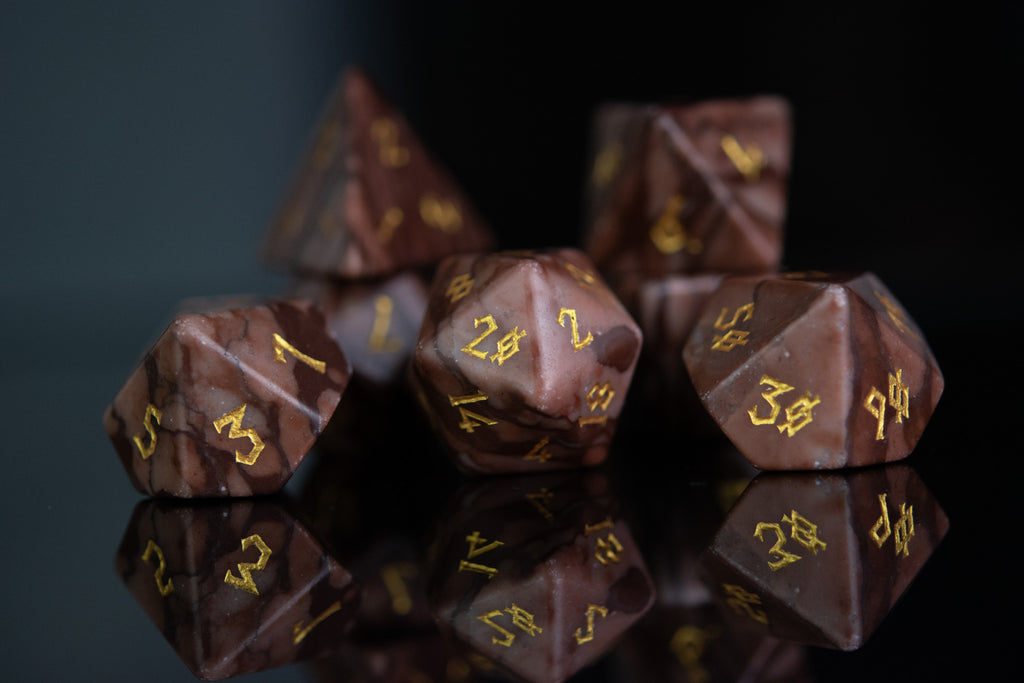 Brown desert jasper stone dice set with gold nordic font numbers