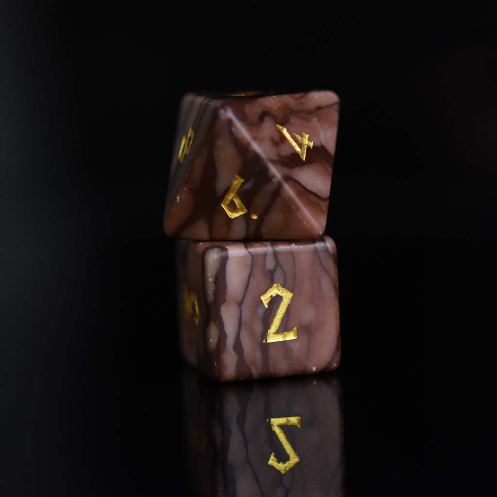 Brown desert jasper stone dice set with gold nordic font numbers