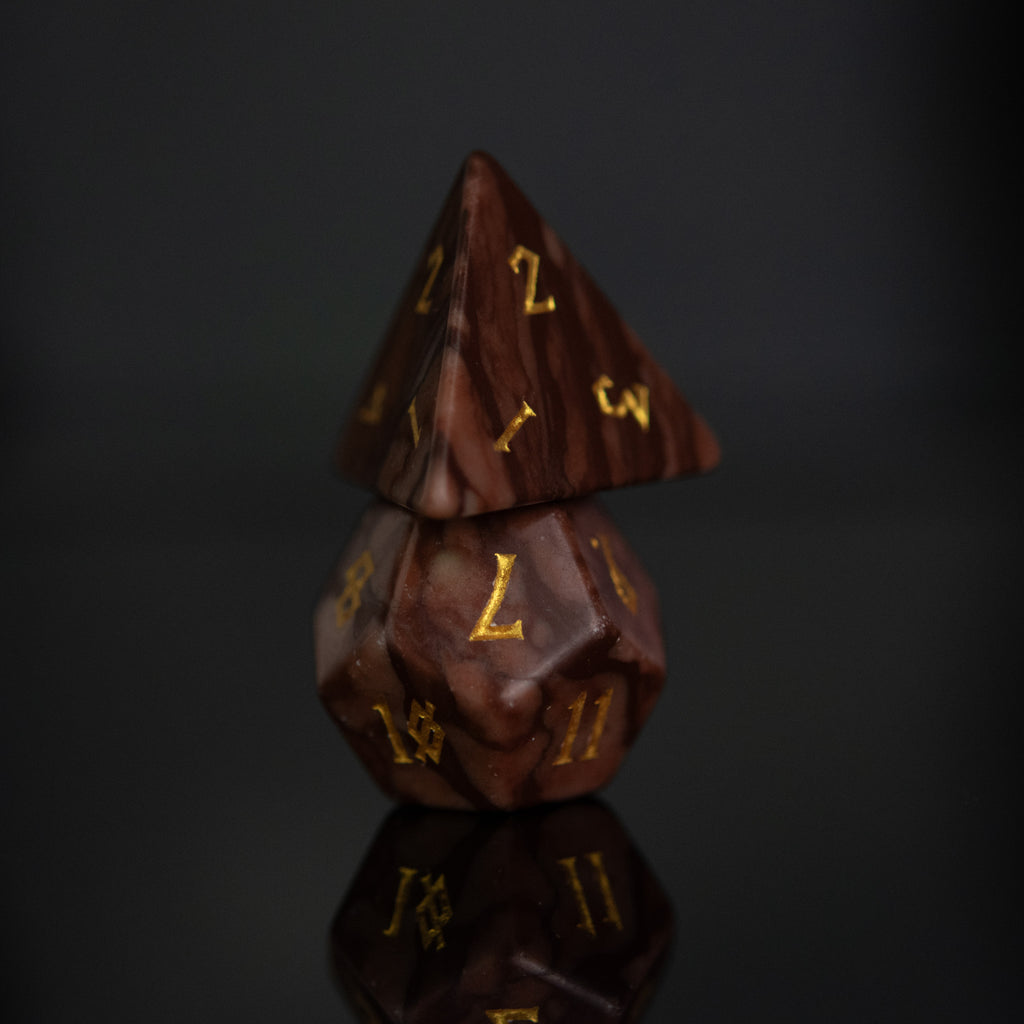 Brown desert jasper stone dice set with gold nordic font numbers