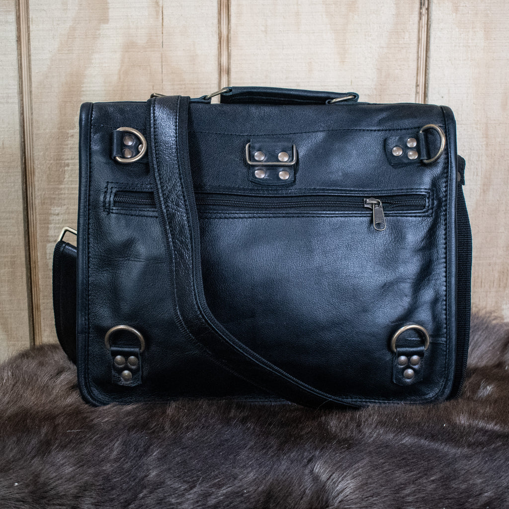 A large black leather satchel 