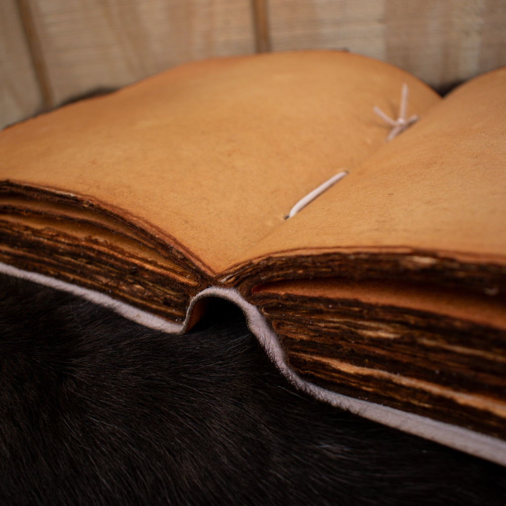 The inner binding of a large leather tan spell book