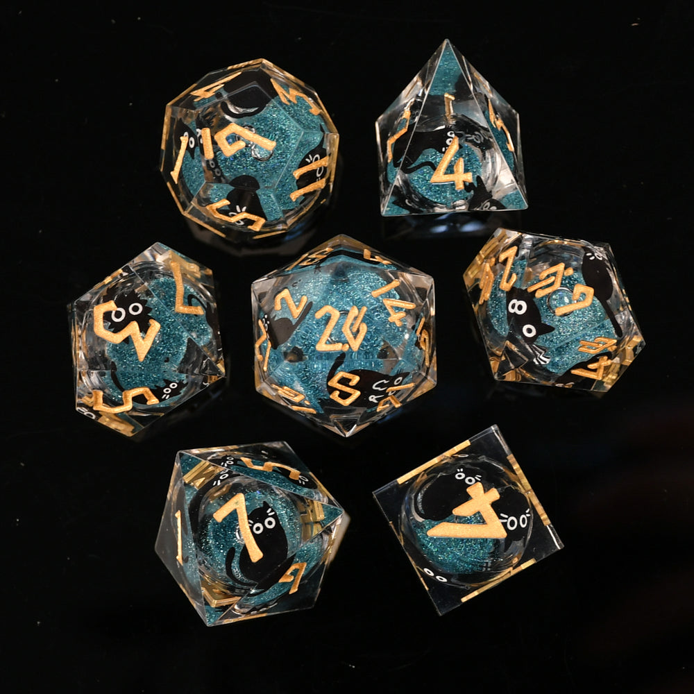 Black Cat Blue and Gold Liquid Core Dice Set