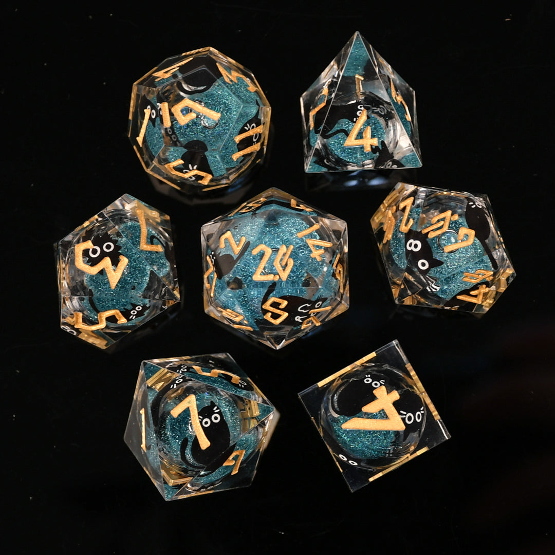 Black Cat Blue and Gold Liquid Core Dice Set