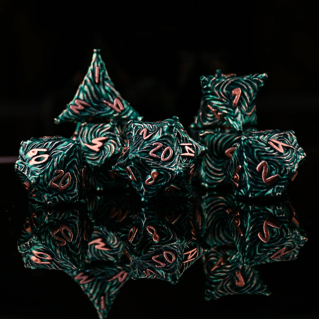 Vortex Warp Metal Dice Set - Green and Bronze