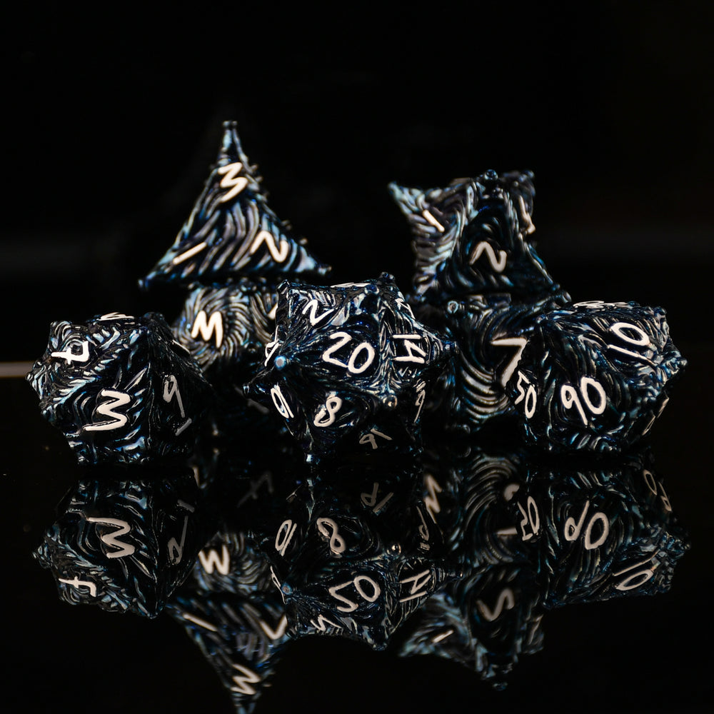 Vortex Warp Metal Dice Set - Deep Blue and White