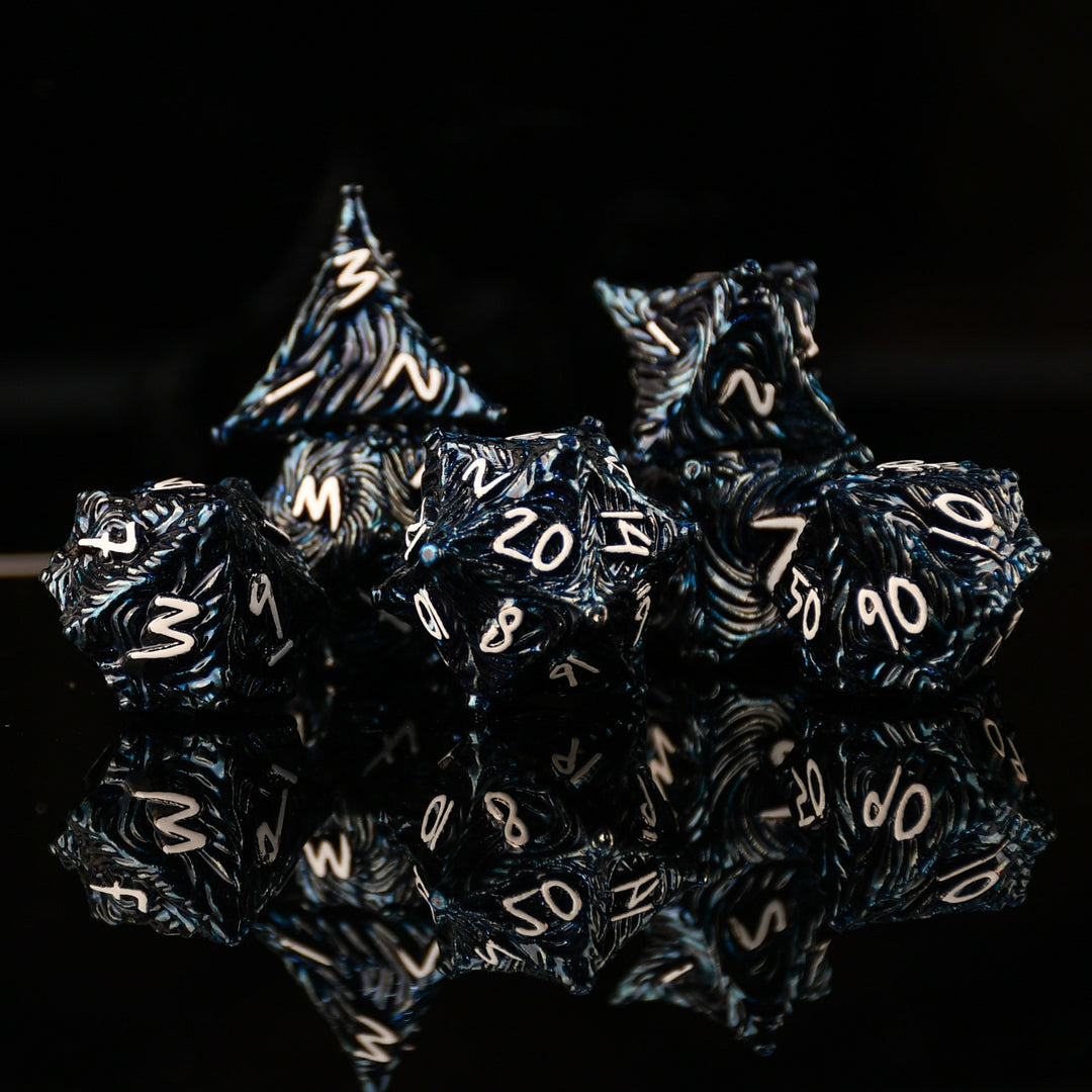 Vortex Warp Metal Dice Set - Deep Blue and White
