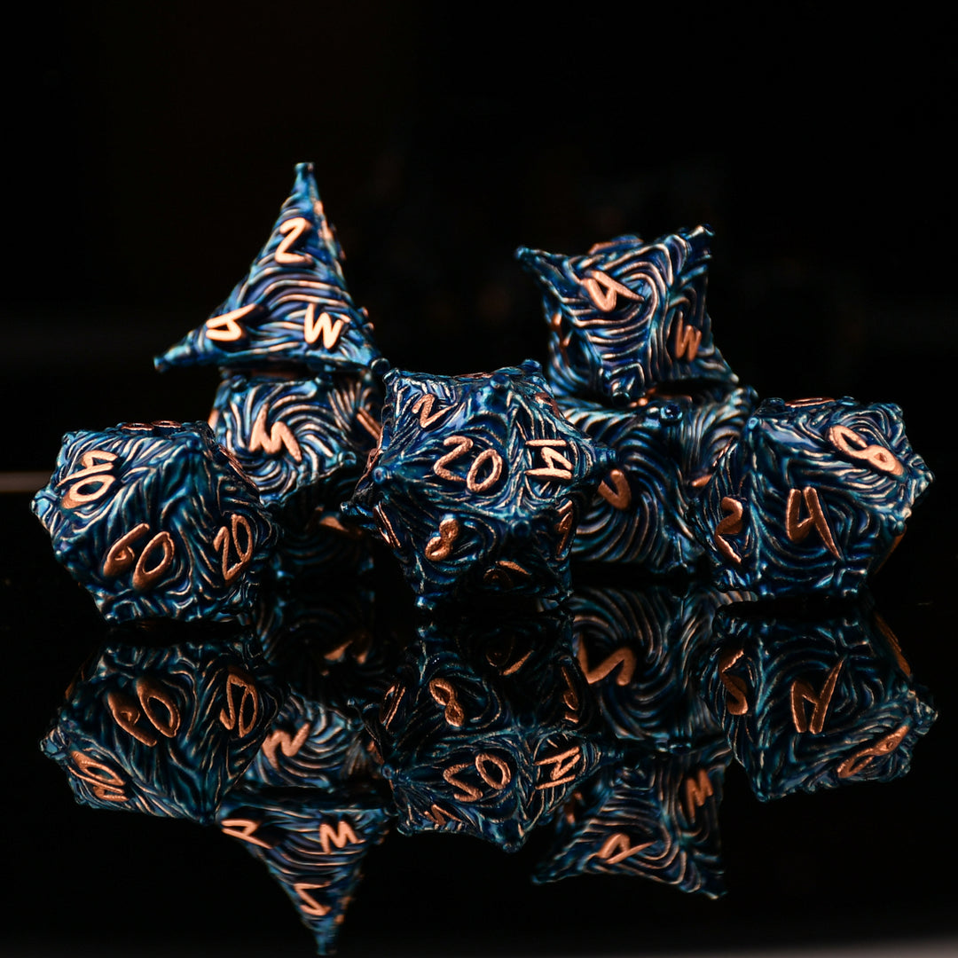 Vortex Warp Metal Dice Set - Aqua Blue and Bronze