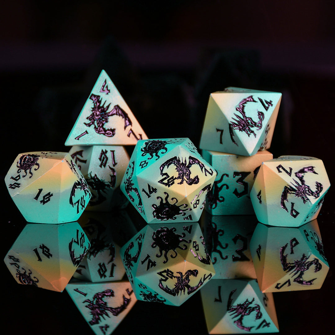 Set of glowing polyhedral dice with scorpion design on a dark background