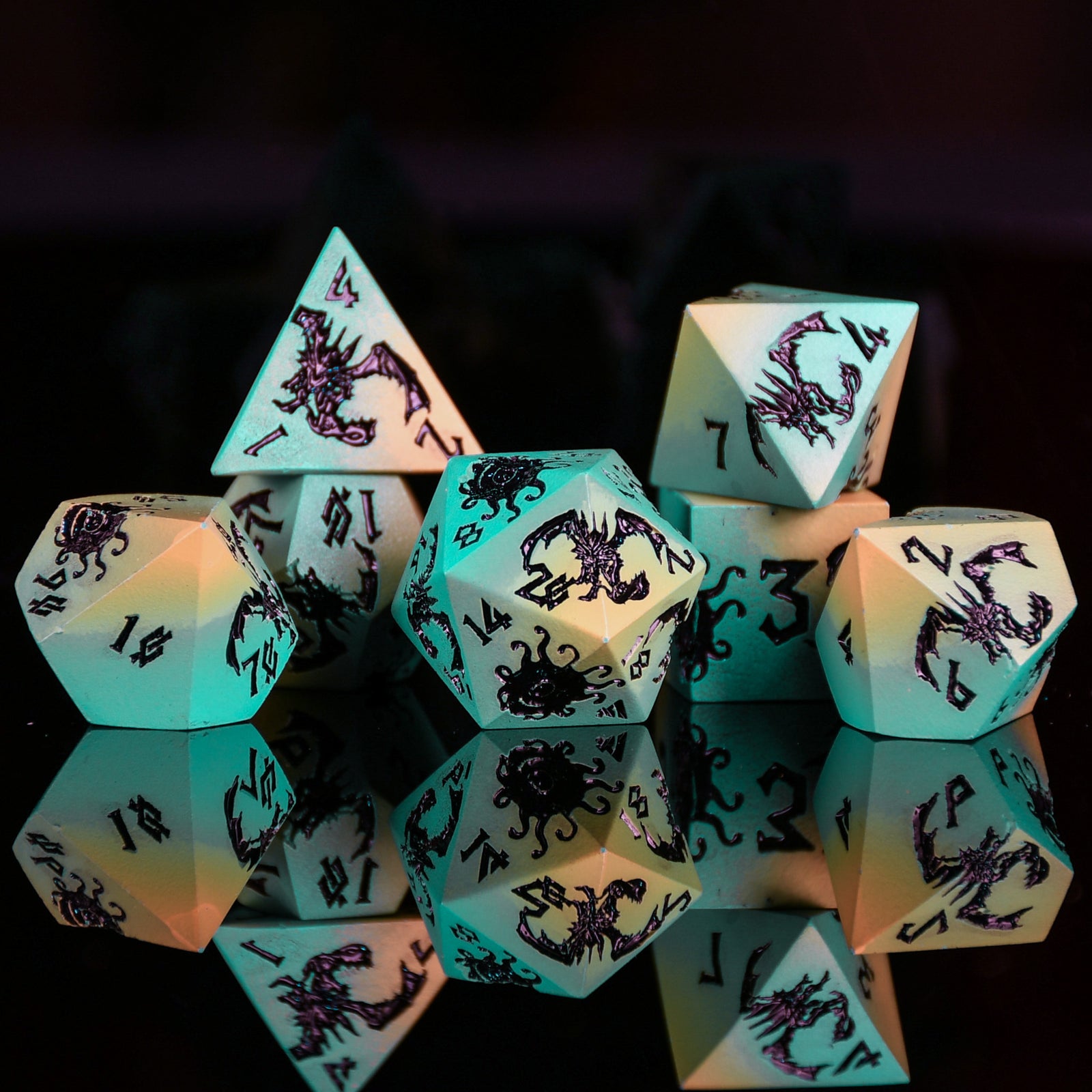 Set of glowing polyhedral dice with scorpion design on a dark background