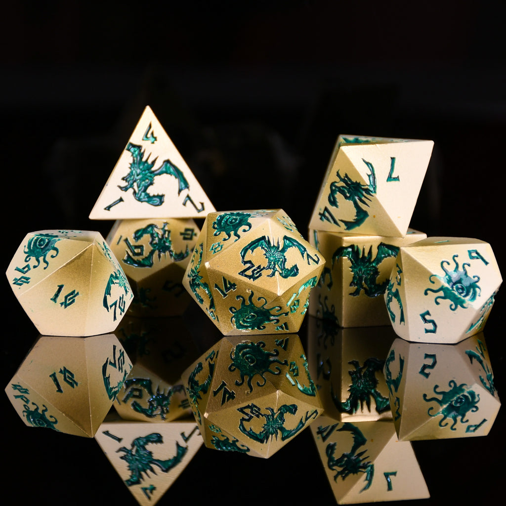 Set of polyhedral dice with dragon design on a reflective surface