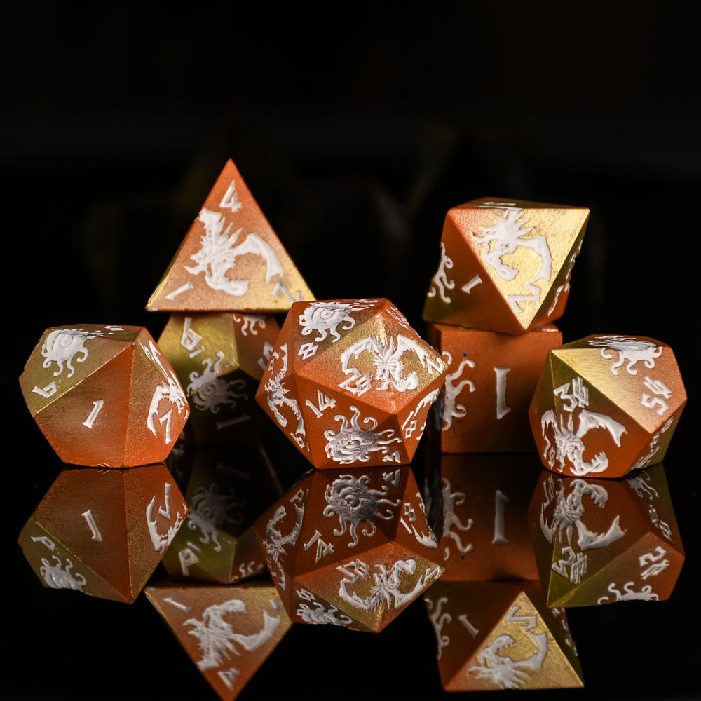 Pre-Order || Monster Manual Metal Dice Set - White and Orange/Yellow Gradient