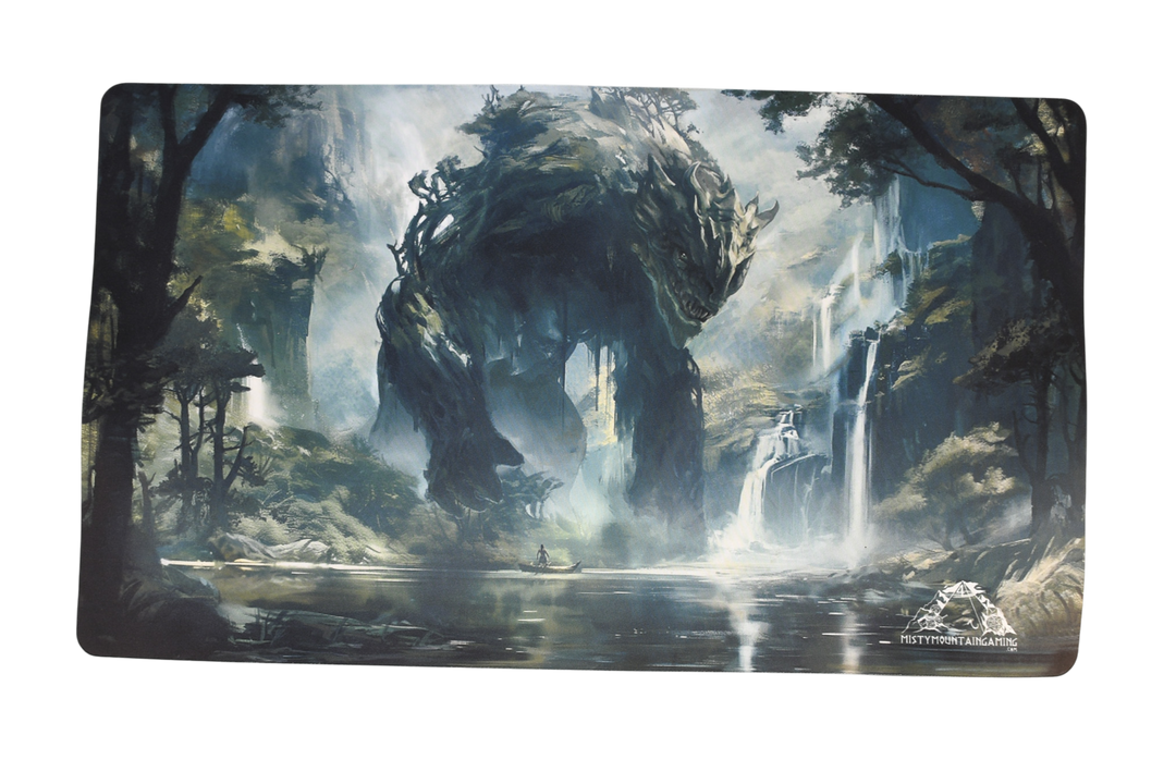 Fantasy landscape with large creature and waterfall on a playmat