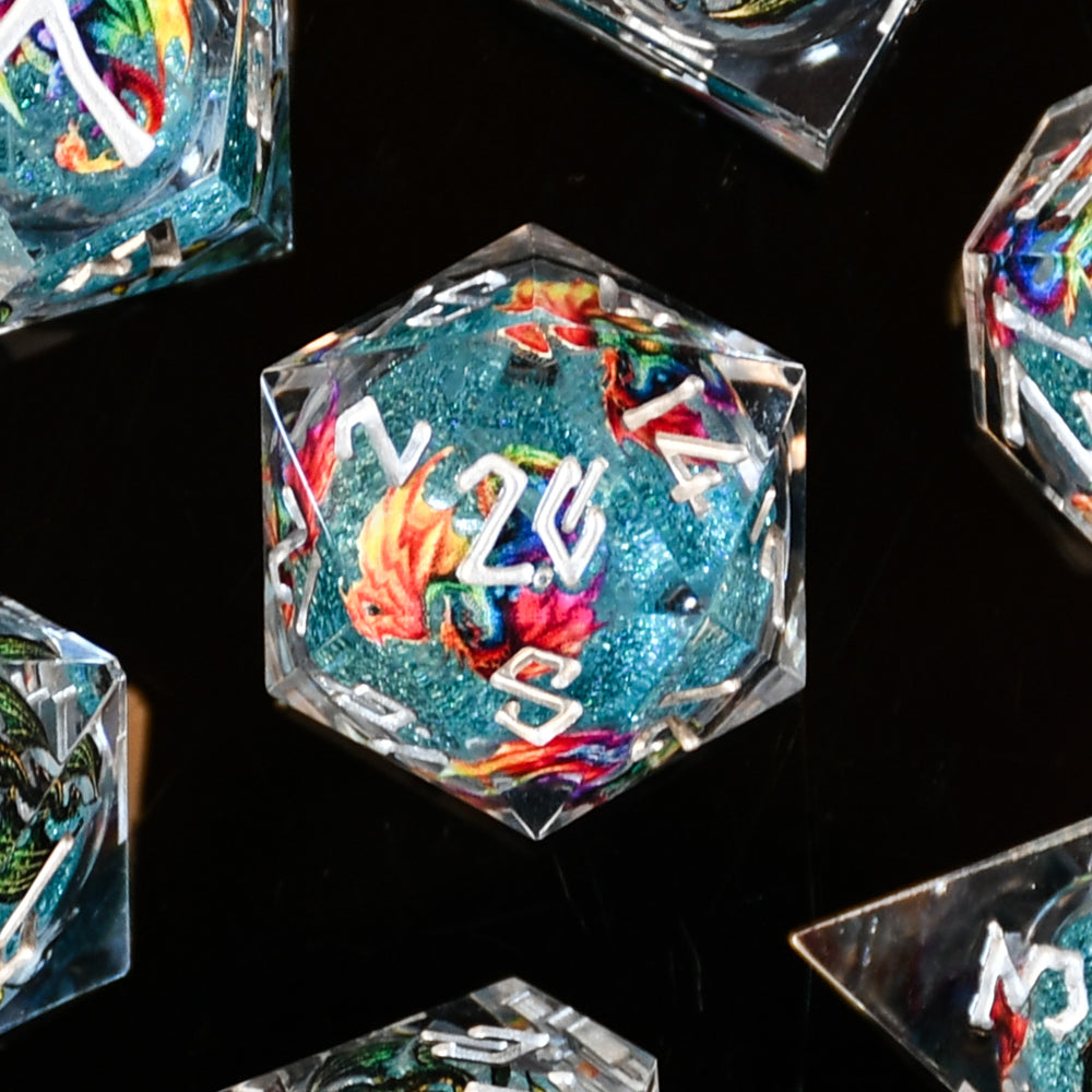 Pre- Order || Rainbow Dragon Liquid Core Dice Set - Blue and Silver