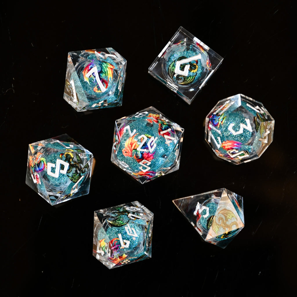 Set of colorful polyhedral dice on a black background