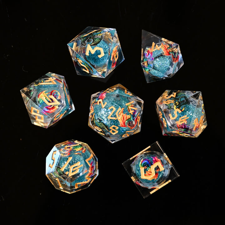 Set of colorful polyhedral dice on a black background