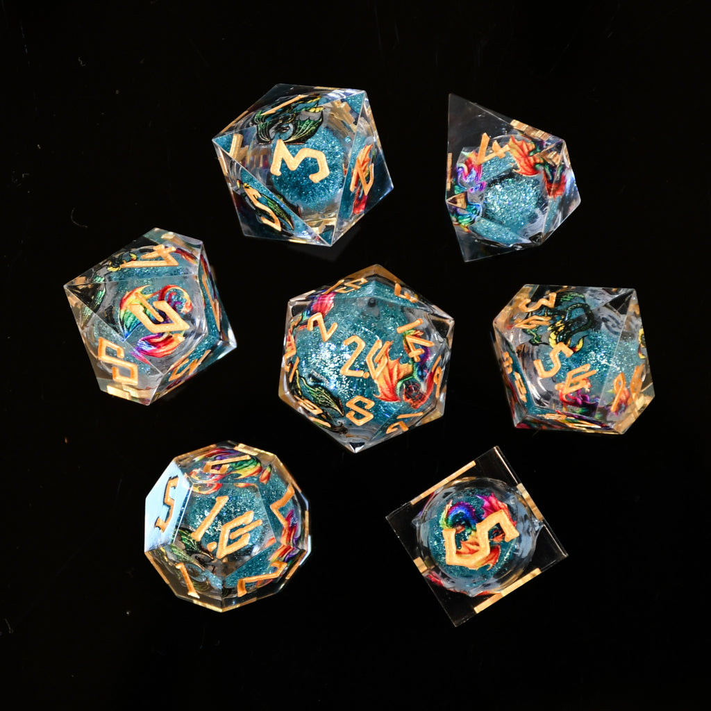 Set of colorful polyhedral dice on a black background