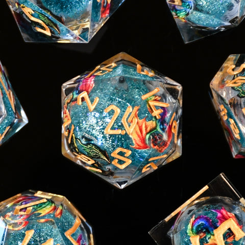 Rainbow Dragon Liquid Core Dice Set - Blue and Gold