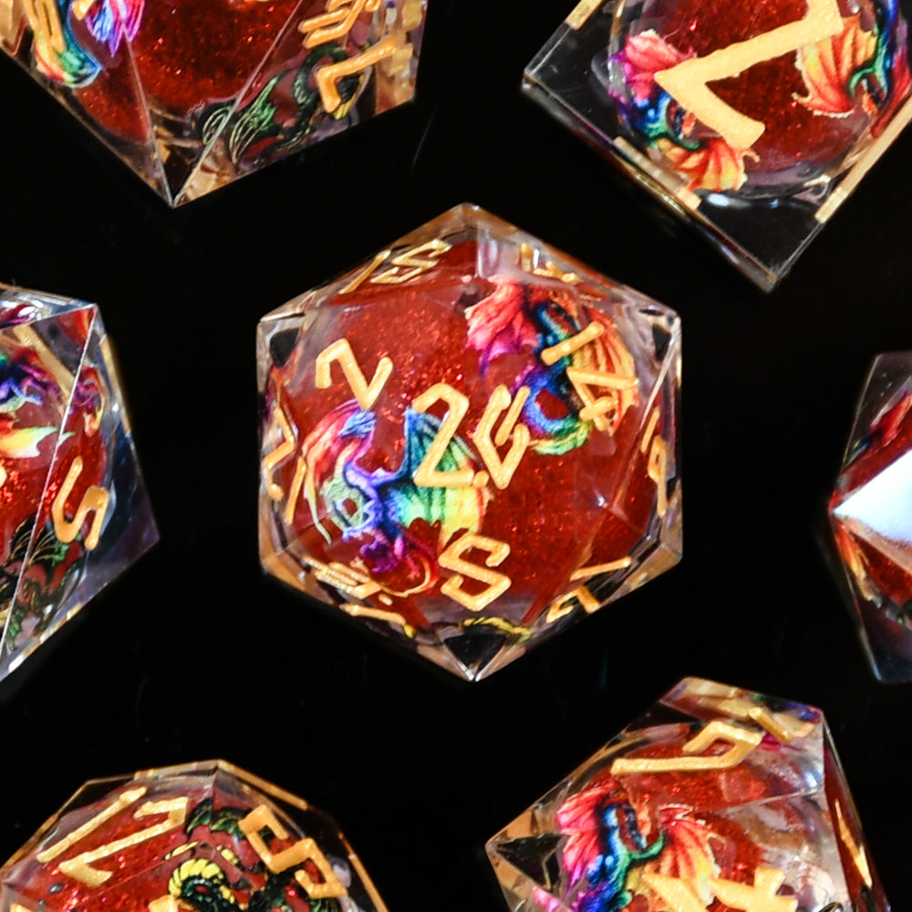 Pre-Order || Rainbow Dragon Liquid Core Dice Set - Red and Gold