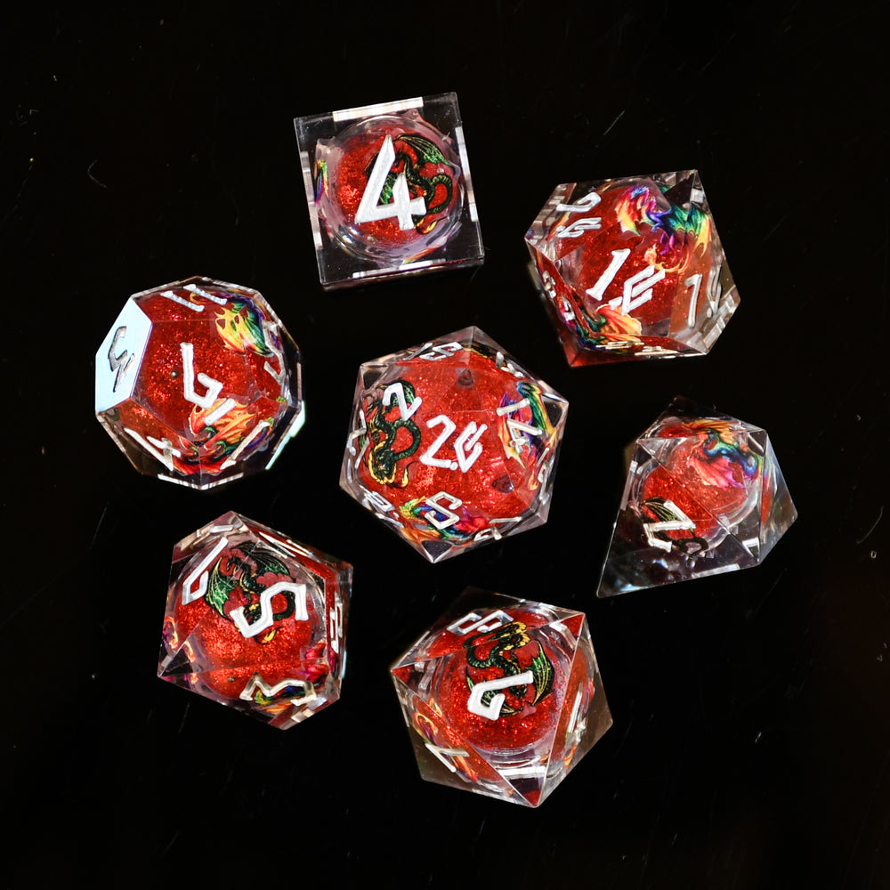 Pre-Order || Rainbow Dragon Liquid Core Dice Set - Red and Silver