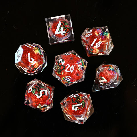 Rainbow Dragon Liquid Core Dice Set - Red and Silver