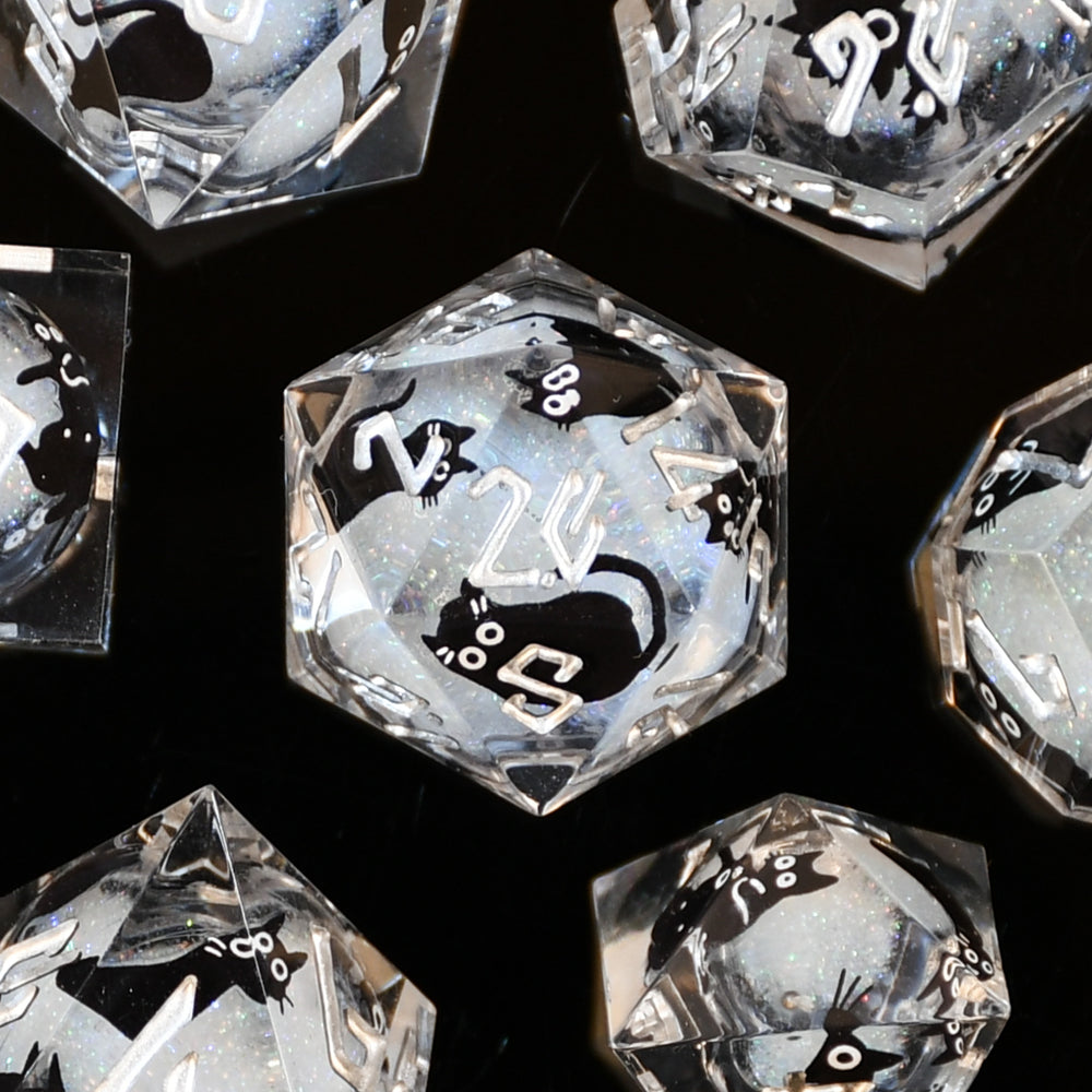 Pre-Order || Black Cat Liquid Core Dice Set - White and Silver