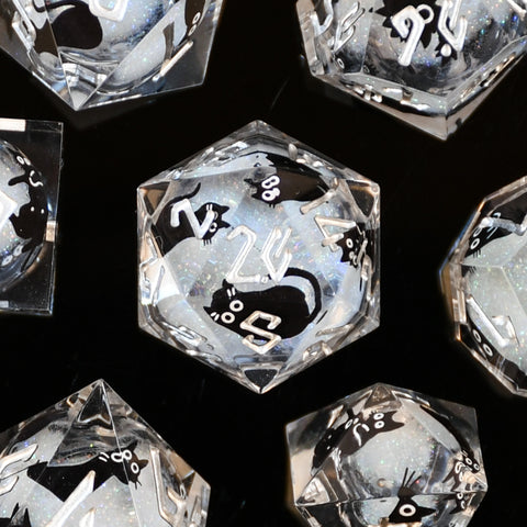 Black Cat Liquid Core Dice Set - White and Silver