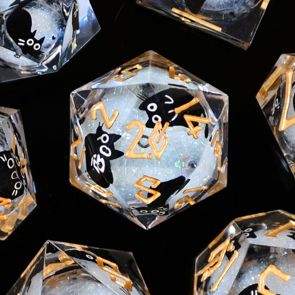 Pre-Order || Black Cat Liquid Core Dice Set - White and Gold