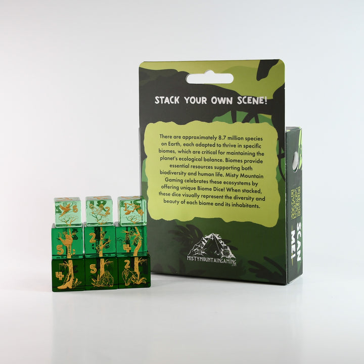 Dice set with green and brown design and packaging on a white background