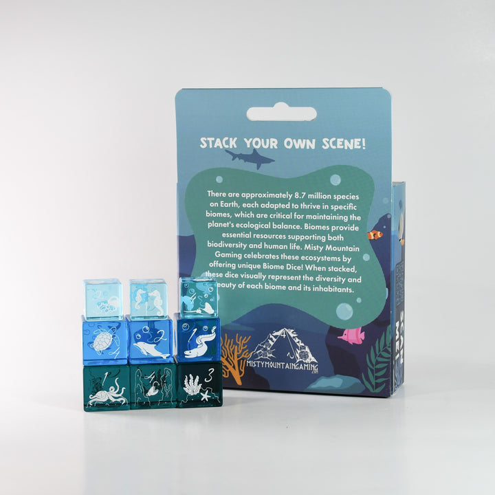 Set of biome dice with packaging on a white background
