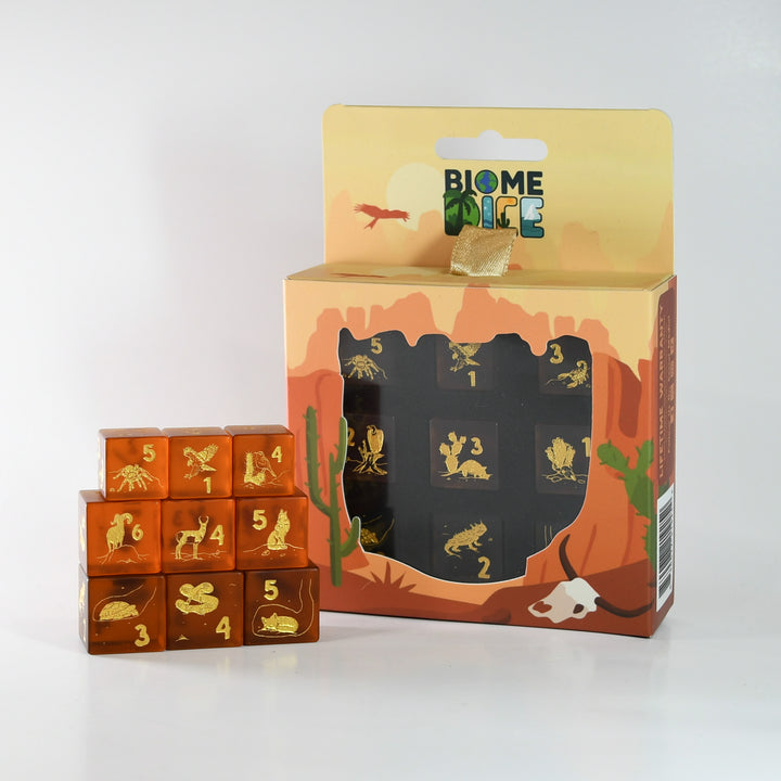 Set of wooden dice with desert-themed design and &