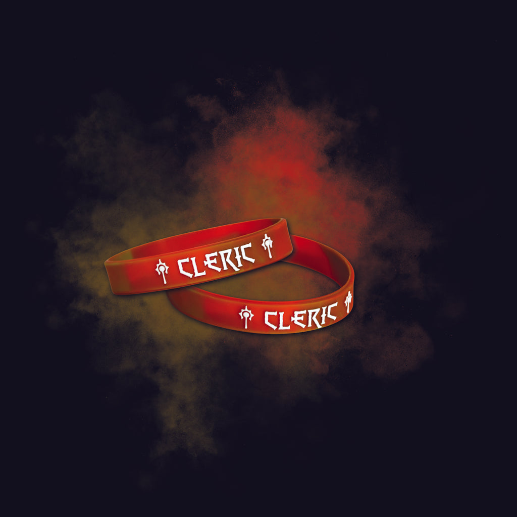 Two red 'Cleric' wristbands on a dark background with red smoke effect.