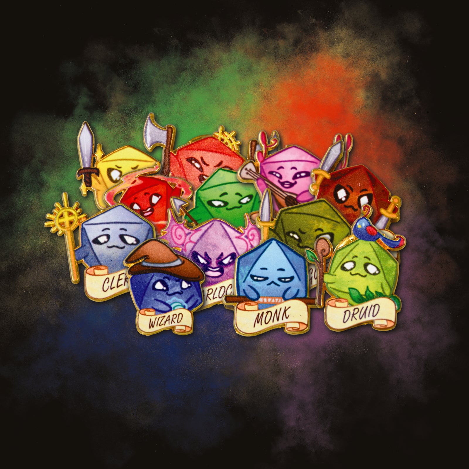 Colorful dice characters with different dnd classes 