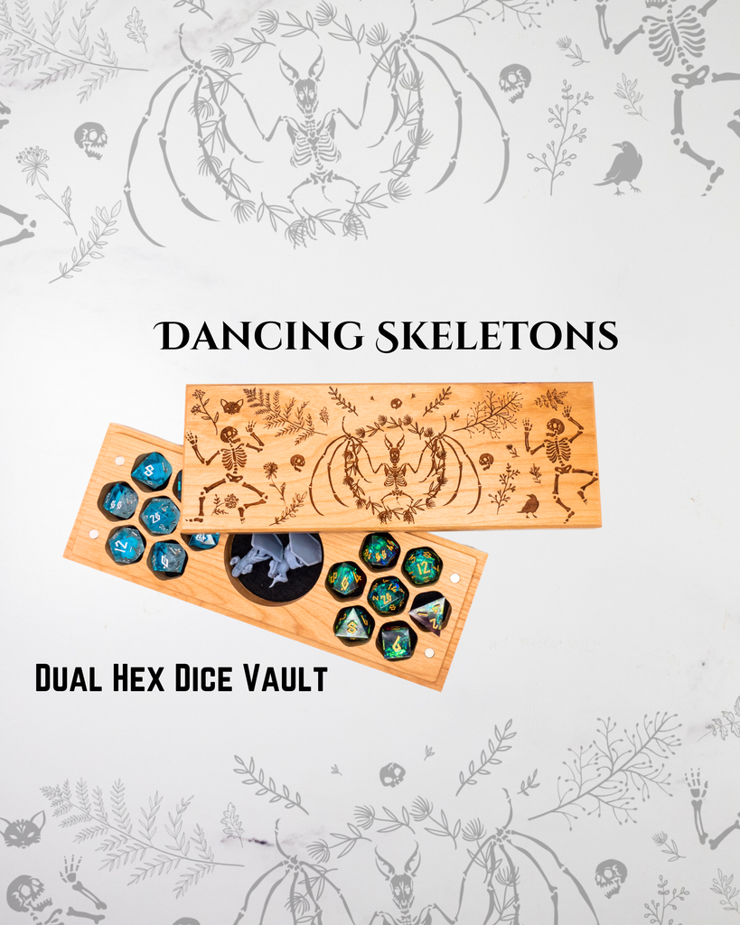 Dual Hex Dice Vault with dancing skeletons design on a decorative background