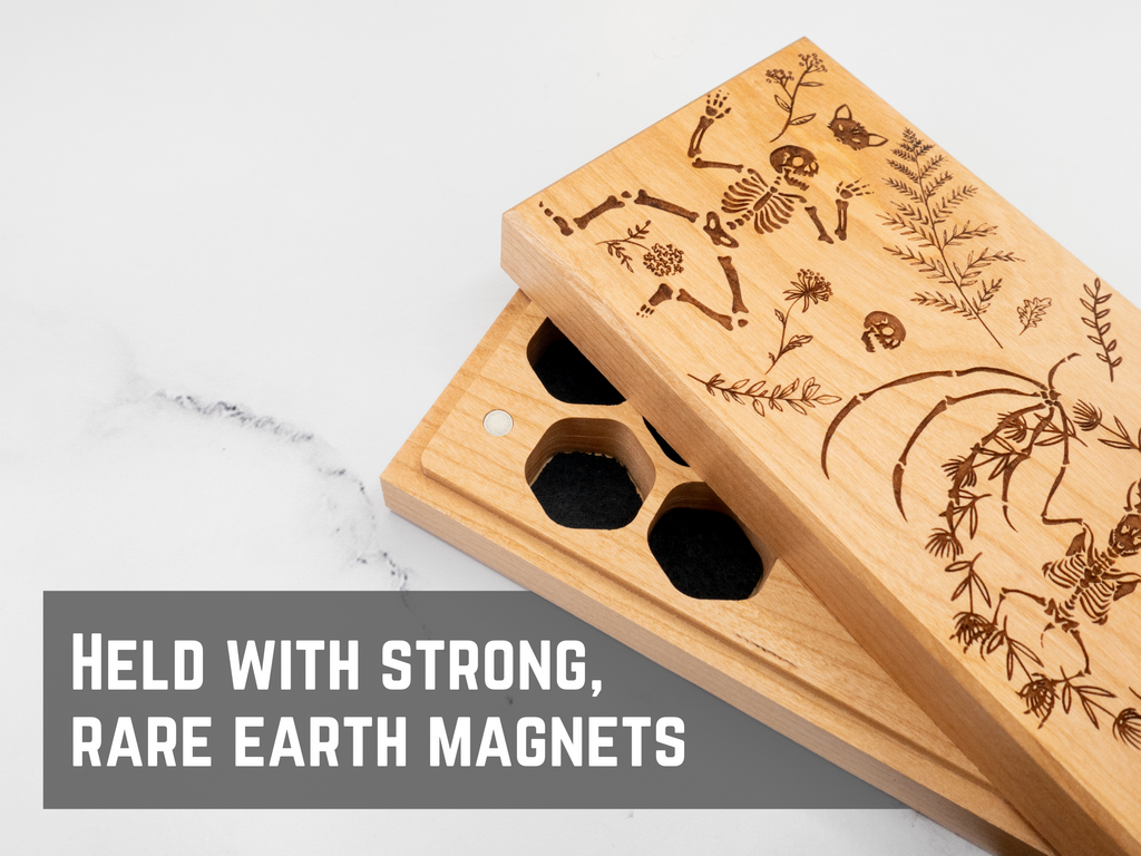 wood engraved dice storage vault for tabletop gaming dice