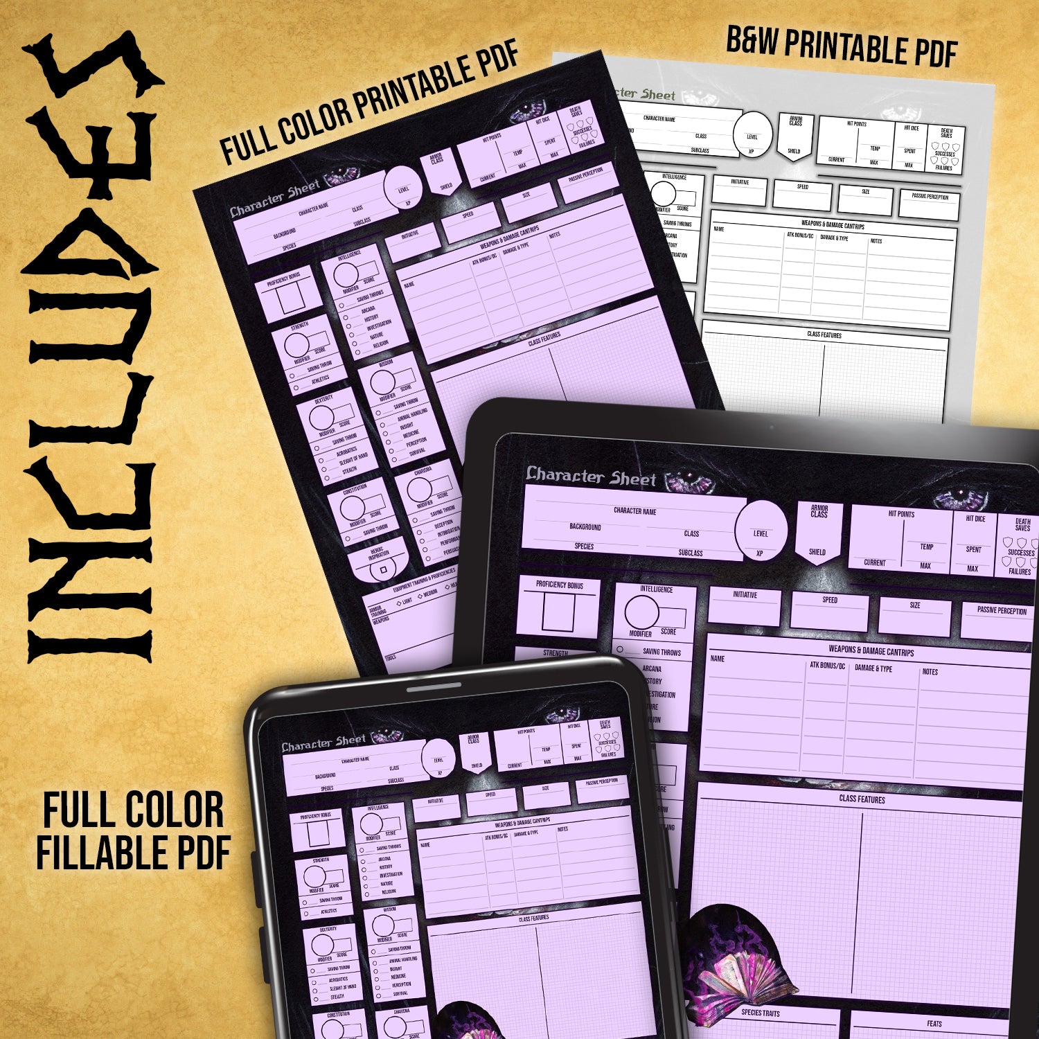 Dungeons and Dragons character sheet printable fillable pdf form art dnd d&d