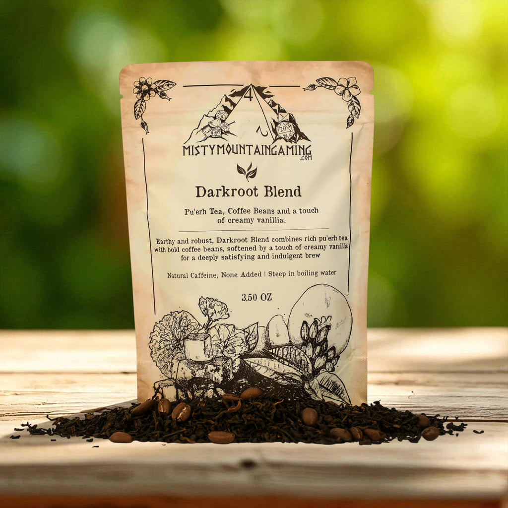 Tea package labeled 'Darkroot Blend' with coffee beans on a wooden surface