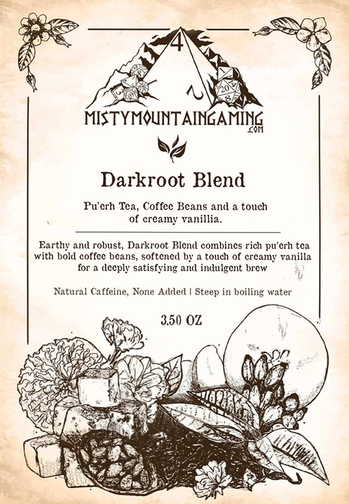 Packaging for Darkroot Blend tea, featuring illustrations of tea leaves, coffee beans, and vanilla, with text detailing the product as a mix of pu'erh tea, coffee beans, and a touch of vanilla, earthy and robust, 3.50 oz weight, and steeping instructions.