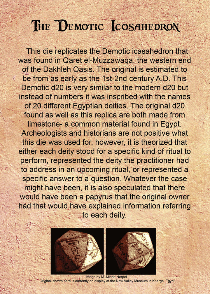 Demotic Limestone information card about demotic icosahedron die